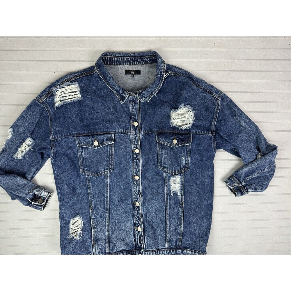Missguided Size 18 Women Distress Destroyed Denim Jacket Jeans Trucker Dark Wash